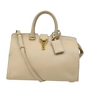 SAINT LAURENT Logo Classic Y Cabas 2 Way Hand Bag Leather Beige Gold 72KA839